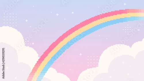 ドット絵　虹と雲のファンシーでかわいい背景イラスト　ピクセル　壁紙　配信画面　16:9