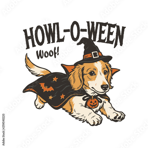 Foto Retro spooky puppy dog in witch costume with Howl-o-ween pun text, vintage graph