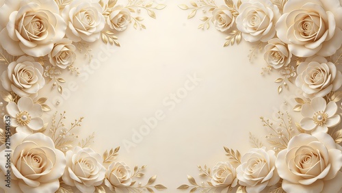 Elegant floral border frame made of creamy ivory roses with metallic golden leaves, cream beige background, chic romantic graceful botanical backdrop for wedding invitation, ideal for bridal event