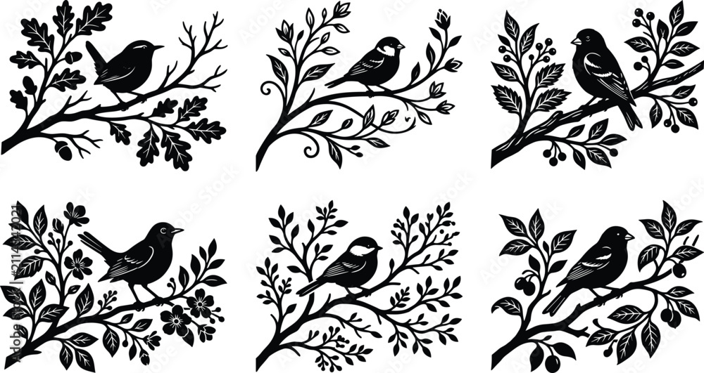 Obraz premium Bird Silhouette Collection on Decorative Floral and Leafy Branches Isolated on White Background Vector Clipart Set for Nature Design