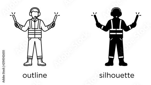 Bild auf Leinwand Marshalling Signalman: An illustration depicts a signalman giving directions with two illuminated wands, presented in both outline and silhouette formats