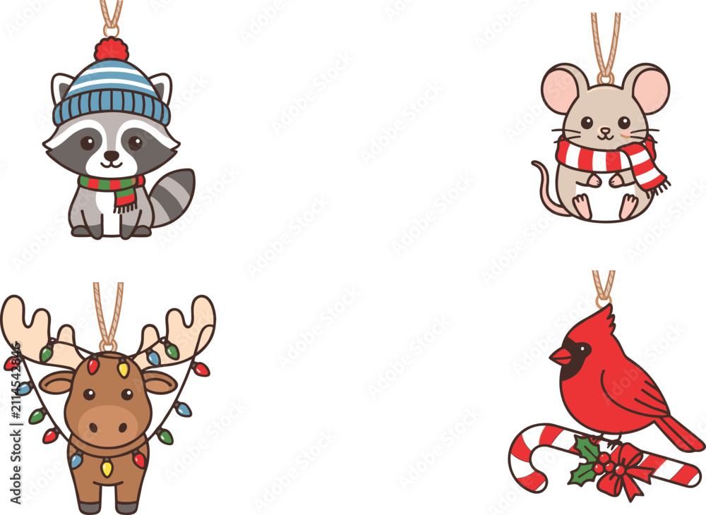 Naklejka premium Cute woodland animal Christmas ornament vector set with raccoon, mouse,