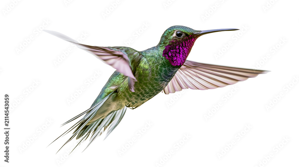 Fototapeta premium Green hummingbird with purple throat in flight