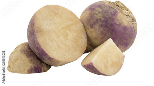 Fotografie Whole and cut rutabaga root vegetables with purple tops