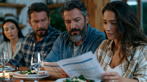 A tense family dinner table doubles as an impromptu business meeting, two siblings reviewing printed financial reports beside the dinner plates while their parent watches from the head of the table,