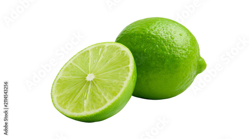 Whole and halved green lime citrus fruit with visible juicy pulp