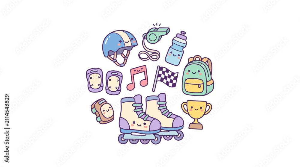 Fototapeta premium Circular arrangement of cute skating equipment icons.
