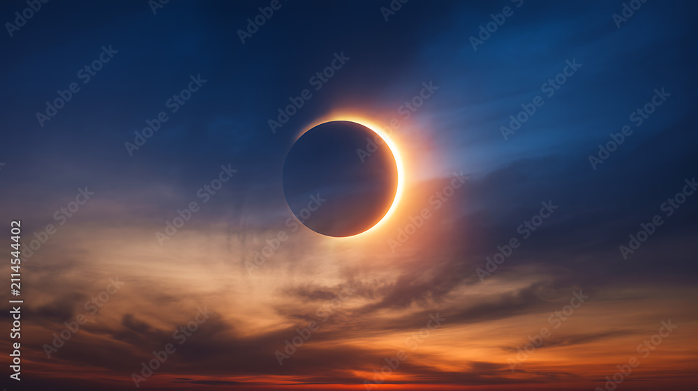 Fototapeta premium A stunning total solar eclipse showing the glowing sun corona ring in the dark blue and orange sunset sky with beautiful clouds during a rare and dramatic astronomical space event