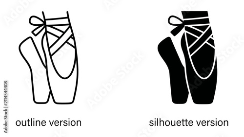 Obraz na płótnie Ballet Slippers - Outline and Silhouette: Two styles of ballet pointe shoes, one depicted as a clean line drawing and the other as a solid silhouette, showcase the elegance and artistry of dance