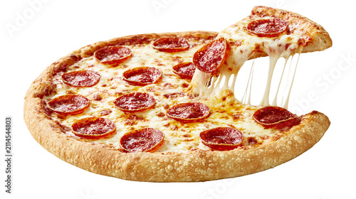 Pepperoni pizza slice with melted cheese stretching