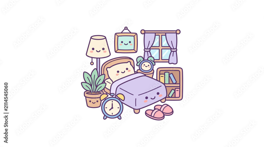 Fototapeta premium Cozy kawaii bedroom scene with character furniture.