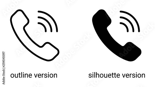 Bild auf Leinwand Telephone Icon Set: A clear set of icons depicting a telephone receiver with incoming call sound waves, presented in both an outline and a silhouette version for versatile design applications