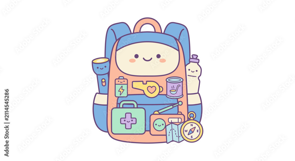 Fototapeta premium Cute backpack character with survival supplies.