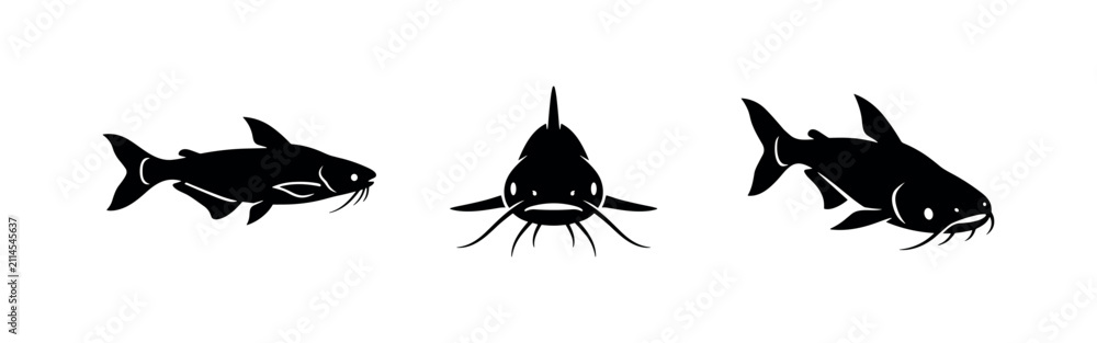 Fototapeta premium Black Silhouettes of Catfish in Various Poses, Freshwater Fish Icons