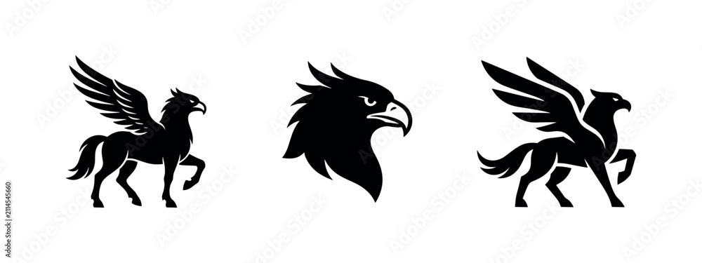 Fototapeta premium Mythological Pegasus and Griffin Fantasy Creature Silhouettes in Black