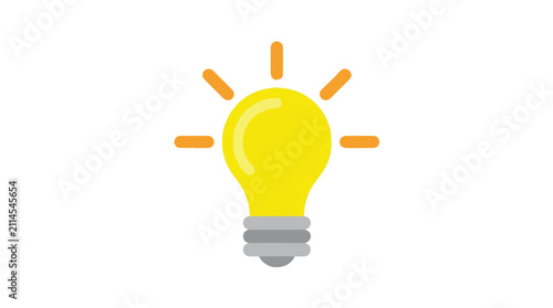 Bright yellow light bulb with orange rays over white background symbolizing innovation and ideas for creativity and problem solving