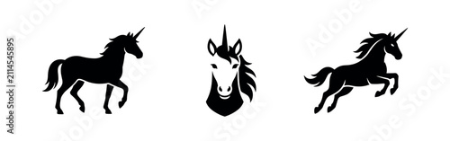 Bild auf Leinwand Majestic Black Unicorn Silhouettes in Various Poses, Mythical Fantasy Creatures