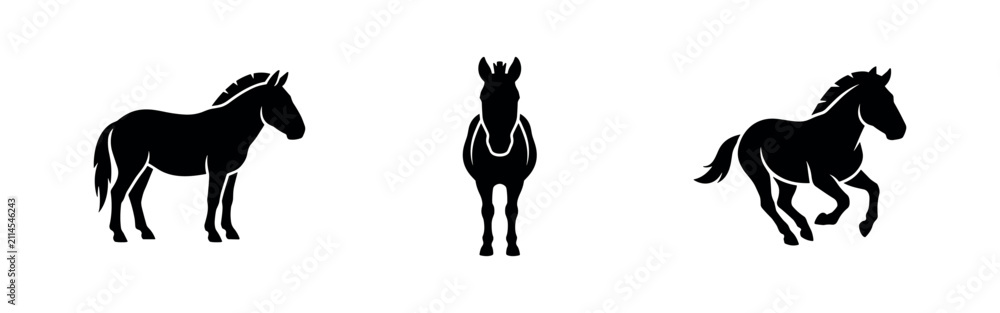 Fototapeta premium Horse Silhouettes Set: Standing, Front View, and Galloping Equestrian Designs.