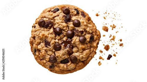 Obraz na plátně Oatmeal chocolate chip raisin cookie with crumbs