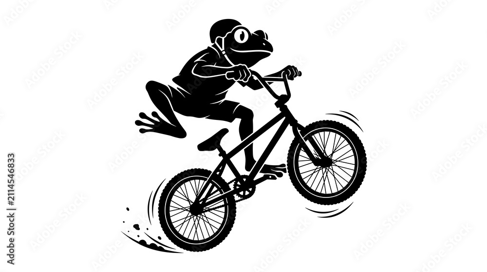 Fototapeta premium Frog character wearing helmet riding a BMX bike doing a jump on white background