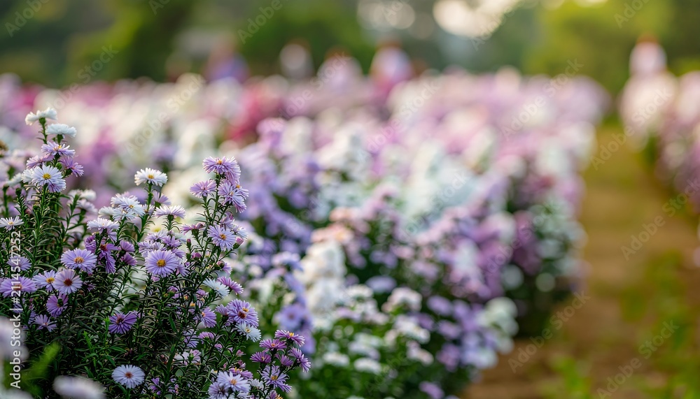 Obraz premium Vibrant purple and white wildflowers in a sunlit garden path