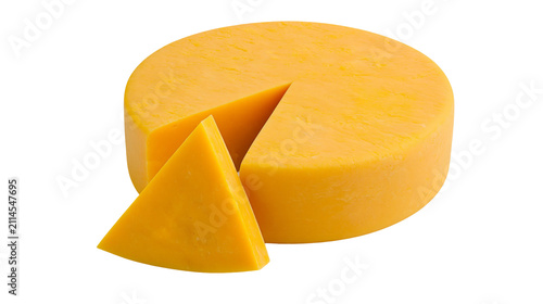 Foto Whole round cheddar cheese with a wedge cut out