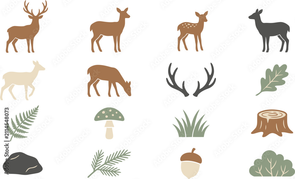 Obraz premium Minimalist flat vector icon set depicting deer in various poses with surrounding forest flora and natural items