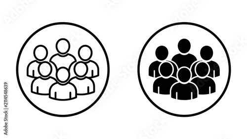 People Icons: Two circular icons showcasing simplified representations of group of people, one in outline and the other filled in solid black, symbolizing community or a collective