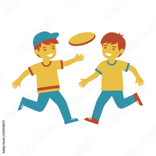 Картината върху платно Two boys playing with frisbee outdoors in a fun recreational activity together