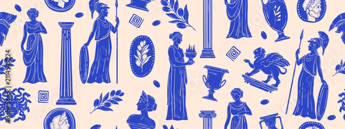 Ancient Greek seamless pattern, Rome antique wallpaper, goddess statue silhouette mythology print. Hand drawn engraving traditional culture repeat background, blue column. Retro Greek fabric pattern