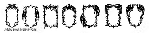 Gothic dragon frame, fantasy game dark border, mystic fairy tale medieval background, spike swirl. Antique mythology beast silhouette ornamental decor, RPG menu concept. Dragon symbol frame collection