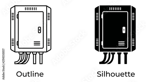 Electrical Junction Box Outline and Silhouette: A clear illustration showing two icons of an electrical junction box, one in outline and the other as a solid silhouette.