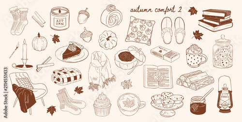 cozy warm set of hand drawn autumn elements, warm drinks, pastries, pumpkins, fall decor in monochrome ink style, fall objects, spiced beverages, sweets, candles, knitted garments, decorative foliage