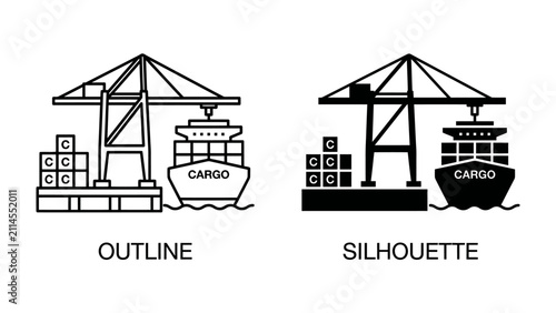 Obraz na płótnie Container Ship Loading at Port: Two icon styles, outline and silhouette, depict a container ship being loaded with cargo by a large crane at a bustling port, symbolizing global trade and logistics