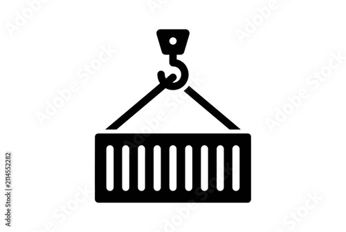 Shipping container lifted by crane hook. Industrial cargo transport icon for logistics.