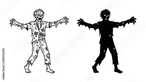 Fotografía Grotesque Zombie Duo: A pair of terrifying zombies, one detailed illustration and the other a stark silhouette, march forward with outstretched arms, embodying horror and the undead