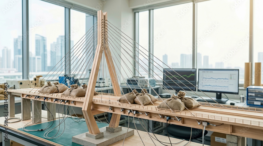 Fototapeta premium Bridge model undergoing load testing with weights and sensors in engineering laboratory, data screens visible for structural research and development.
