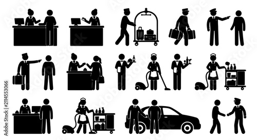 Hotel Staff Icons: Receptionist, Bellhop, Concierge, Housekeeping & Valet, Vector Silhouettes for Hospitality Services