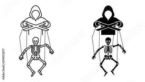 Fotografie Puppet Master and Skeleton: Two stylized figures, one a hooded character manipulating a skeleton puppet from above, representing control and influence