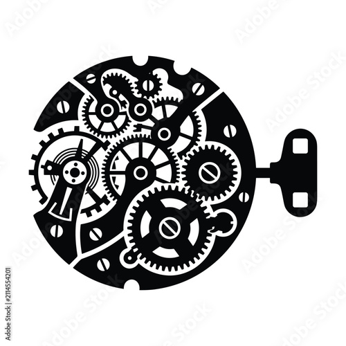 Detailed mechanical watch movement gear mechanism with winding key for horology and precision engineering branding