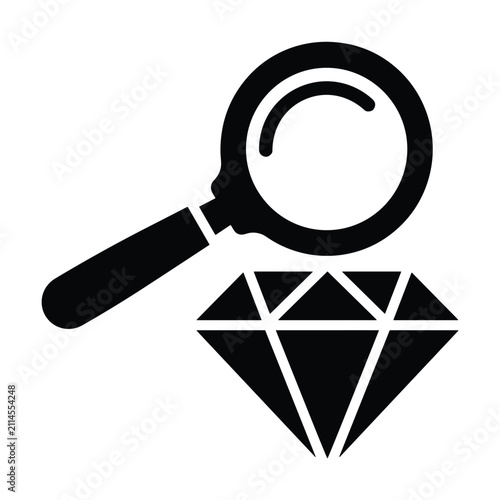 Magnifying glass hovering over a brilliant cut diamond icon isolated on white background for gemology and valuation services design