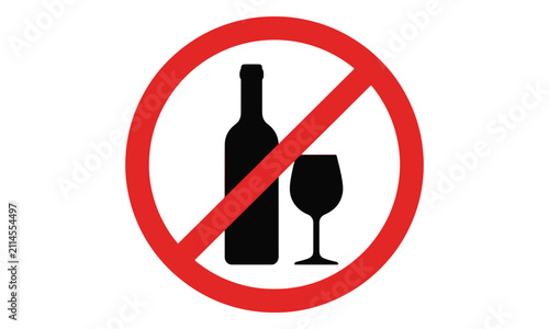 Alcohol prohibition sign icon with bottle and glass silhouette