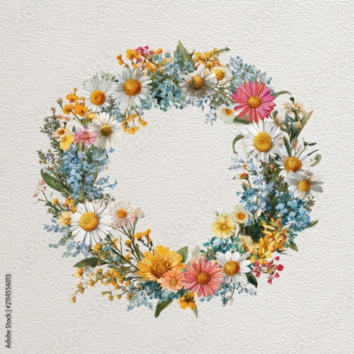 Round floral ring illustration in watercolor style with bright summer colors