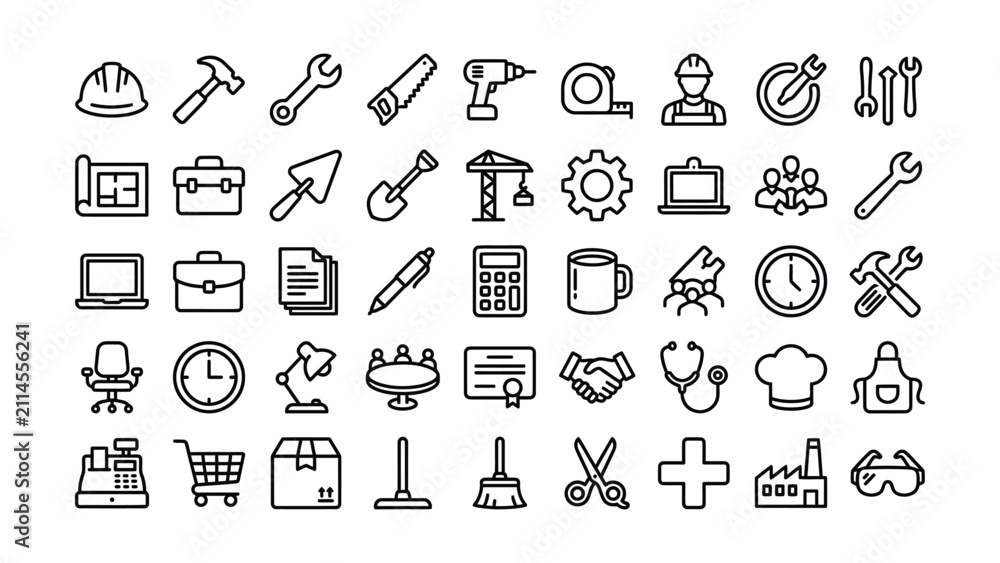 Fototapeta premium Comprehensive set of professional industry tools and business office line icons for various design projects applications and services