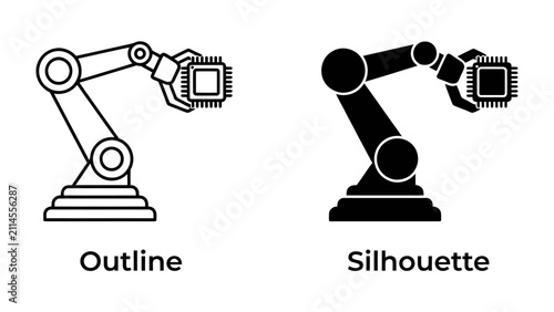 Obraz na płótnie Robotic Arm Holding Microchip: Two stylized illustrations depict a robotic arm, one in outline and the other as a silhouette, precisely holding a microchip in its gripper