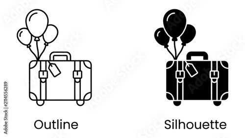 Принти на полотні Travel Surprise: A vintage suitcase adorned with a gift tag and a bunch of balloons, symbolizing an exciting journey or a special departure