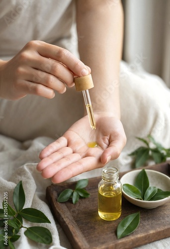 Woman applying organic natural essential oil from a glass dropper bottle