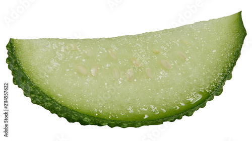 Foto Cucumber slice with seeds and green textured rind