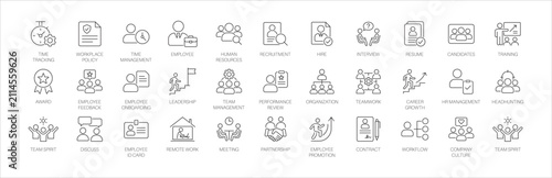 Human resources line icon set. Featuring recruitment, onboarding, performance review, and remote work. Vector icons for training manuals, reports, and HR apps.