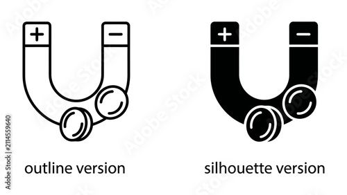 Cuadro en lienzo Magnet with Coins: A horseshoe magnet with positive and negative poles is shown attracting two coins, with both outline and silhouette versions provided
